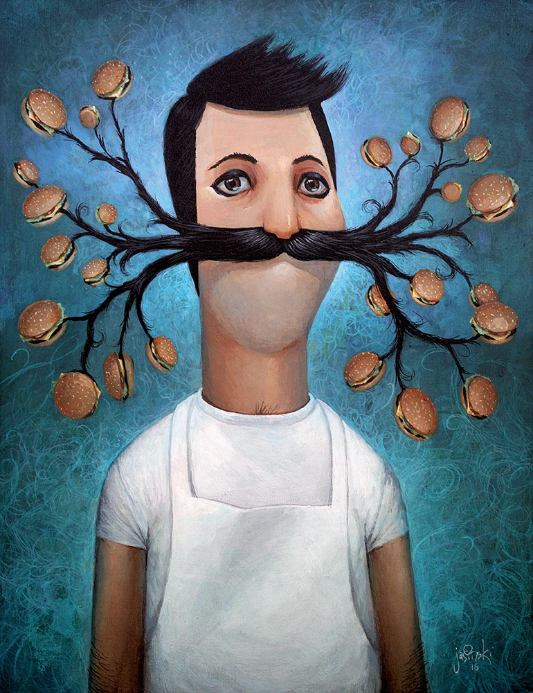 Aaron Jasinski Mustache Burger Man Painting