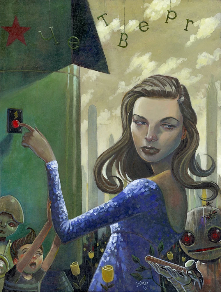 Aaron Jasinski Woman Button Press Painting