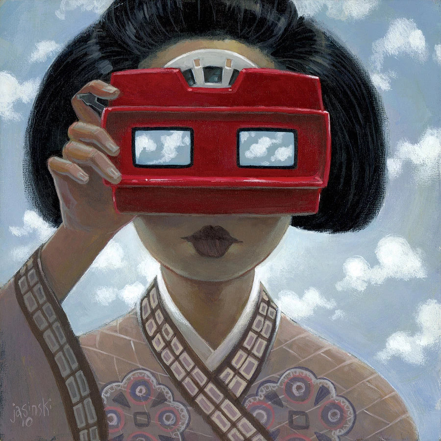 Aaron Jasinski Woman Red Viewfinder Painting