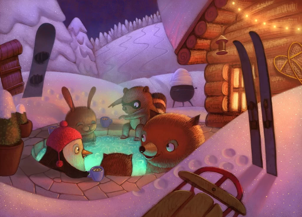 Animals Enjoying Winter Hot Spring Near Cabin Illustration