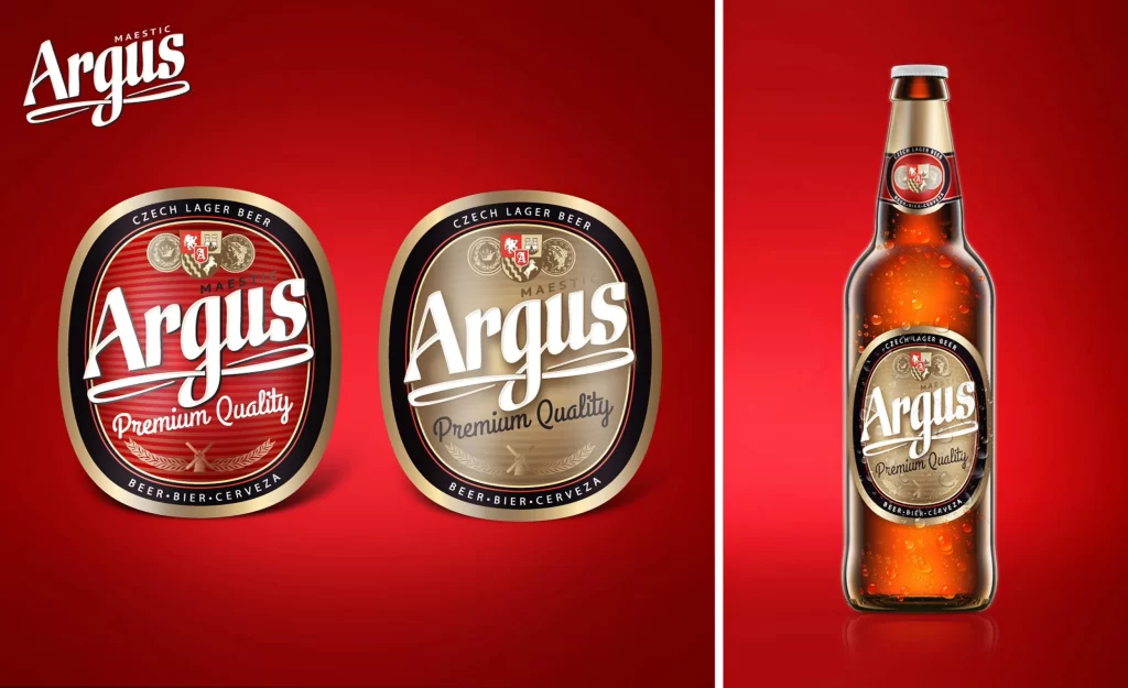 Argus Majestic Beer Bottle Gold Label Packaging