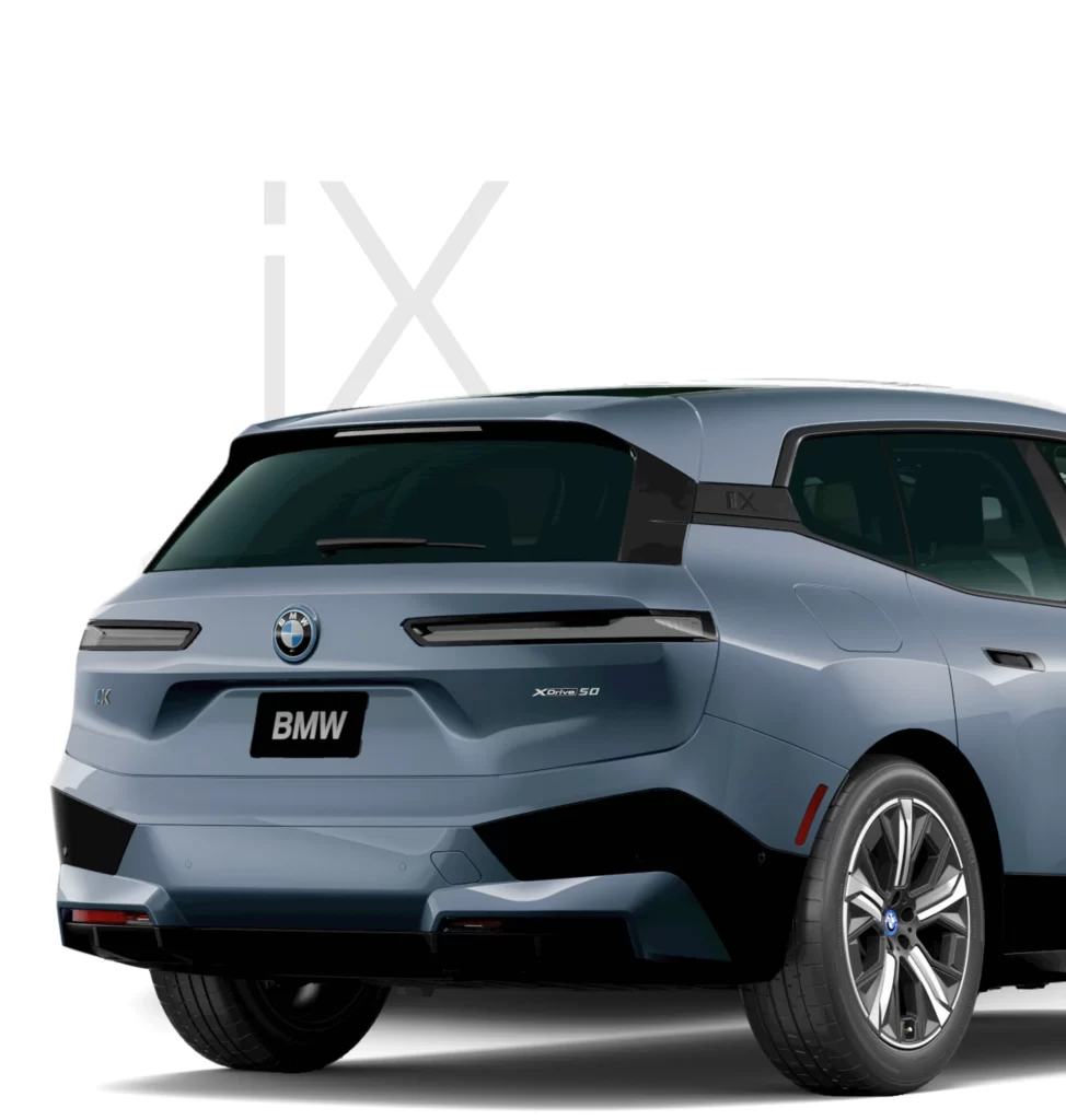 BMW iX Blue Sunset Side Angle View