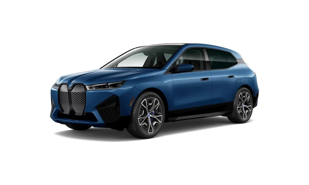 BMW iX Blue Winter Side Profile Shot