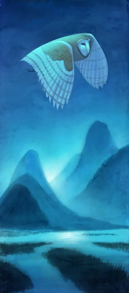 Barn Owl Flying Over Blue Misty Mountains Illustration