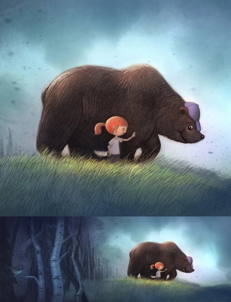 Bear and Redhead Girl Walking in Forest Illustration