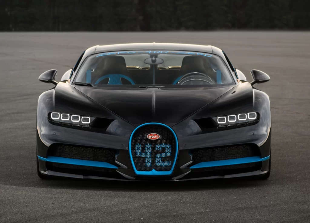 Black Bugatti Hypercar Blue Accents Front