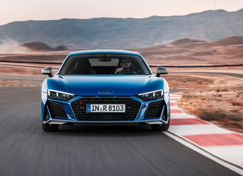Blue Audi Sports Car Road Front View