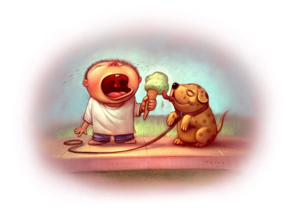 Boy Crying With Ice Cream Cone And Dog Illustration
