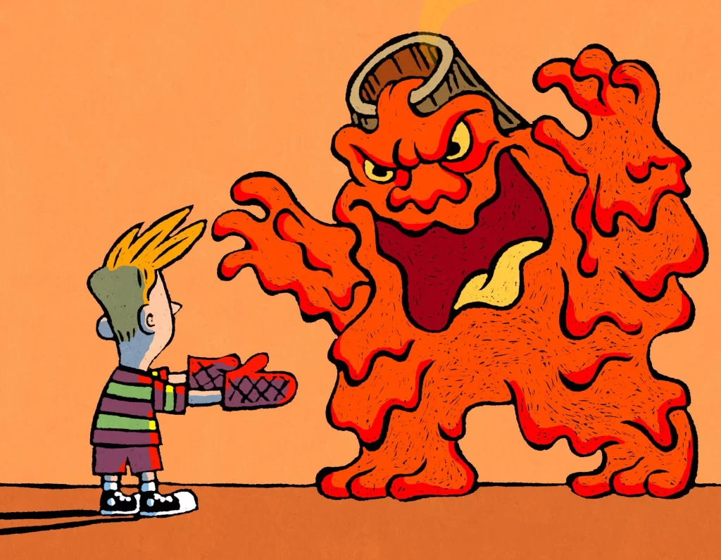 Boy Dragon Lava Confrontation Illustration