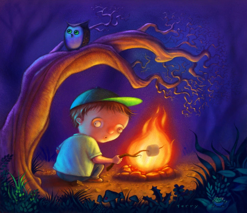 Boy Roasting Marshmallow by Campfire at Night Illustration