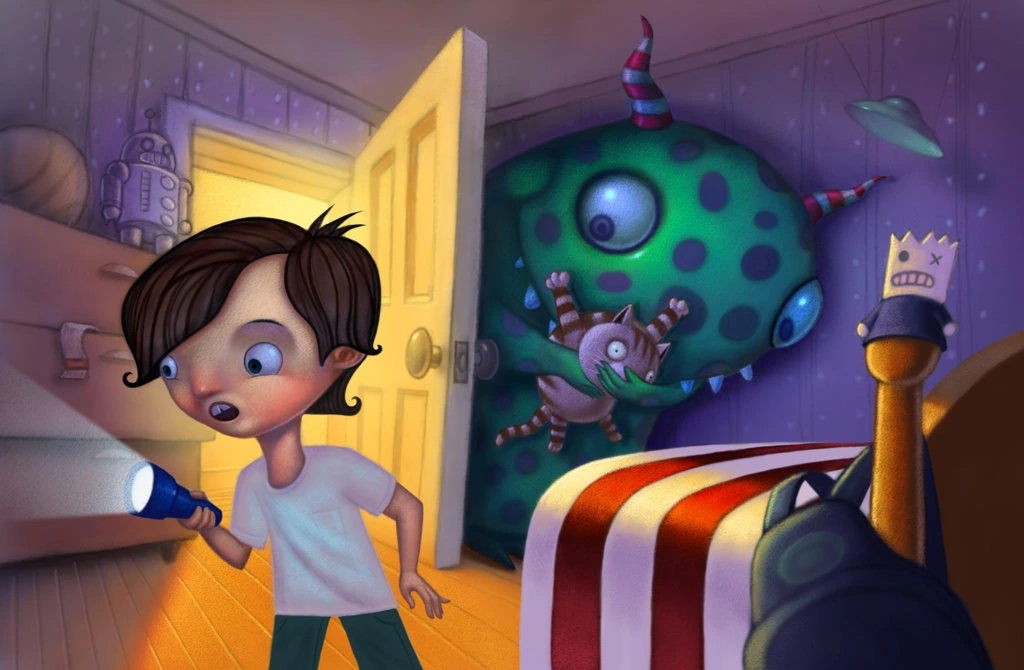 Boy With Flashlight And Monster In Bedroom Illustration