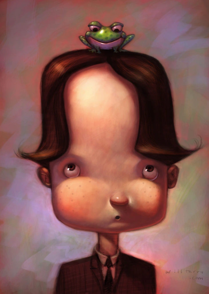 Boy With Green Frog On Head Illustration