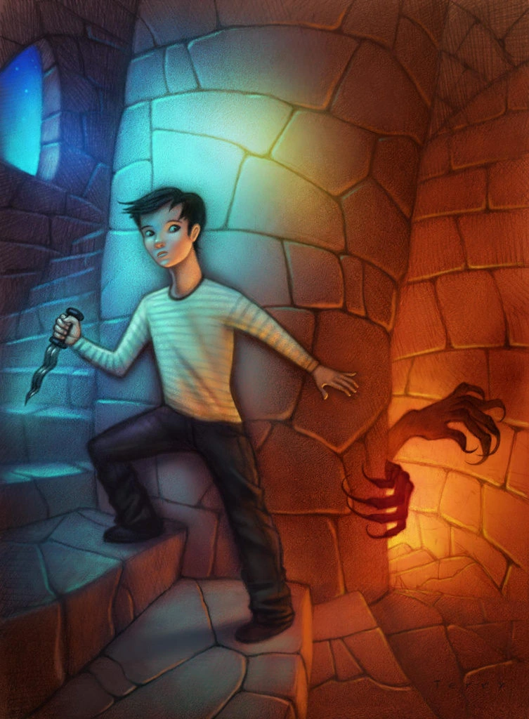 Boy With Knife Fleeing Monster In Stone Dungeon Illustration