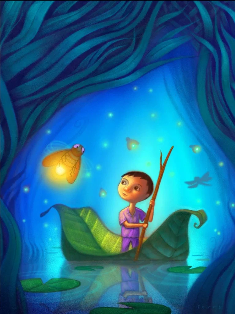 Boy in Leaf Boat with Fireflies at Night Illustration