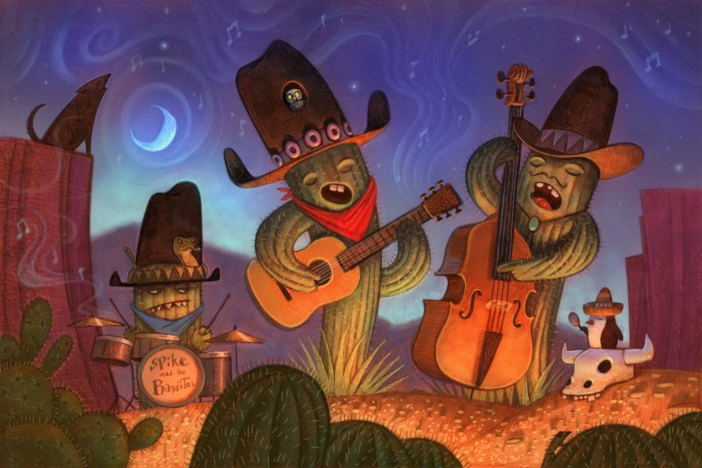 Cactus Band Playing Music in Desert Night Illustration