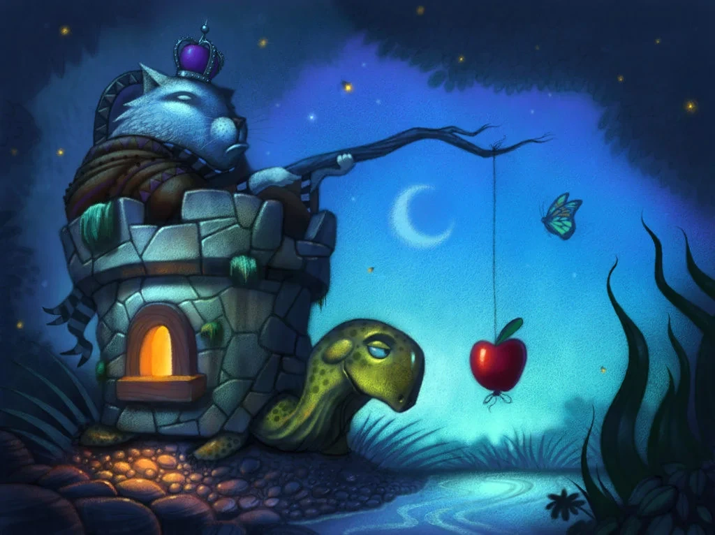 Cat King Fishing For Apple With Turtle At Night Illustration