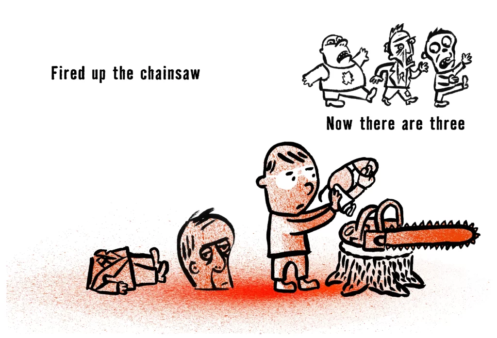 Chainsaw Woodpile Boy Book Scene Illustration