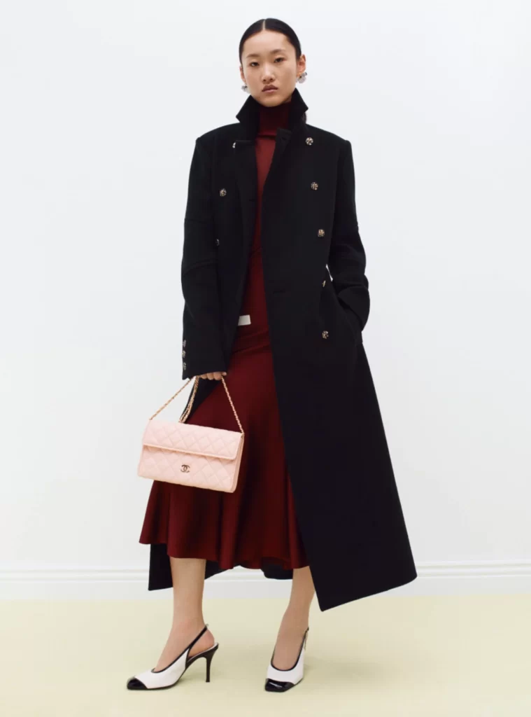 Chanel Fall Winter 2026 Pre Collection Look 21 Jacket and Skirt Black and Burgundy Runway Photography