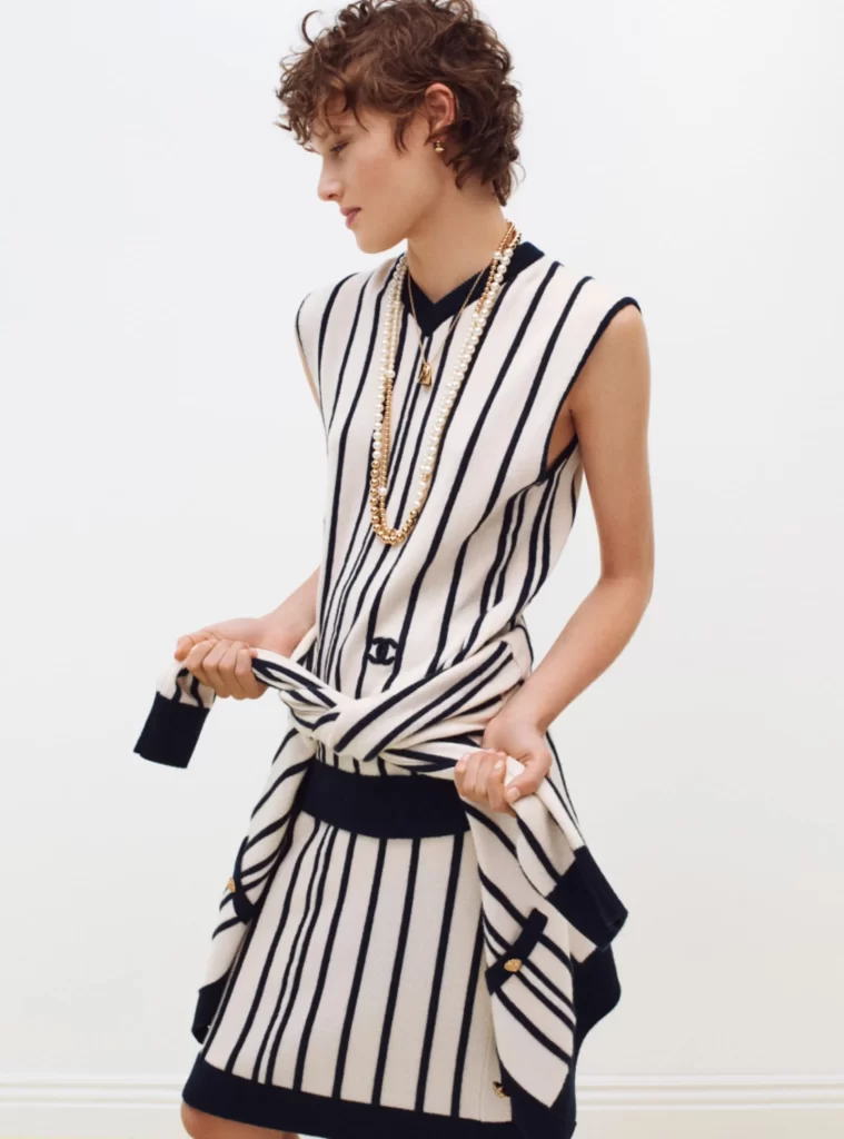 Chanel Fall Winter 2026 Pre Collection Look 63 Long Dress White and Navy Blue Runway Photography
