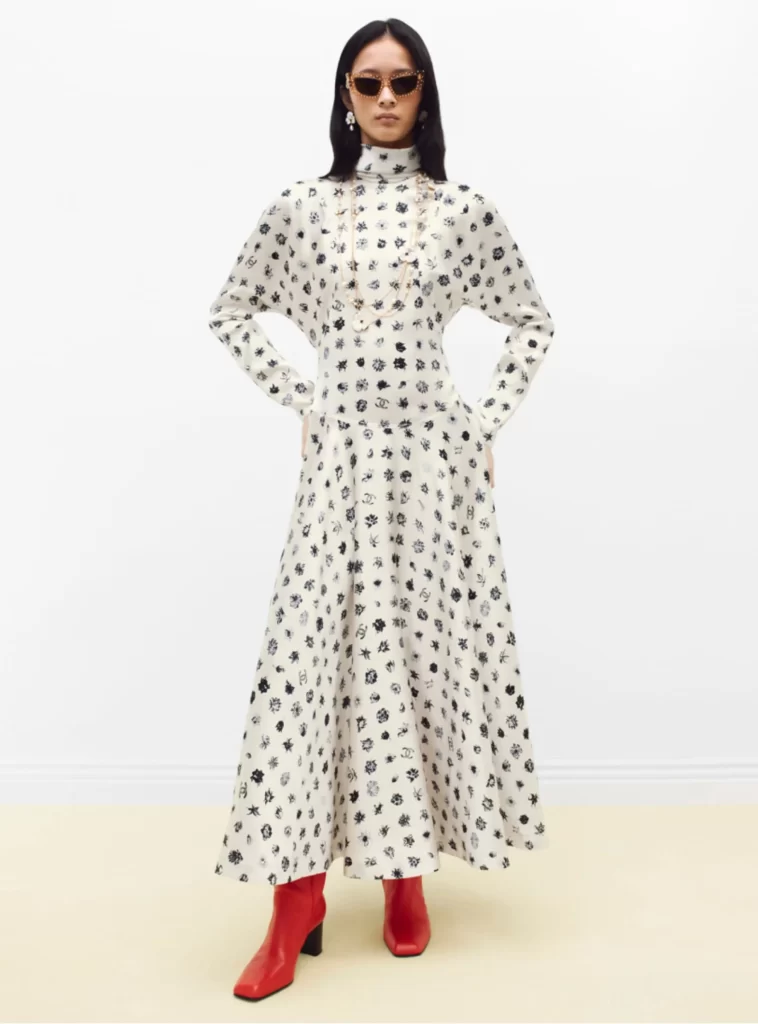 Chanel Fall Winter 2026 Pre Collection Look 69 Long Dress White and Black Runway Photography