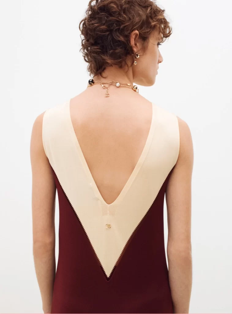 Chanel Fall Winter 2026 Pre Collection Look 7 Long Dress Beige and Maroon Runway Photography