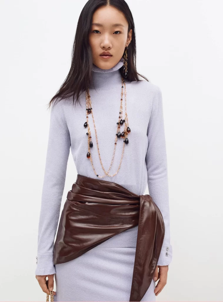 Chanel Fall Winter 2026 Pre Collection Look 33 Top and Skirt Light Purple and Brown Runway Photography