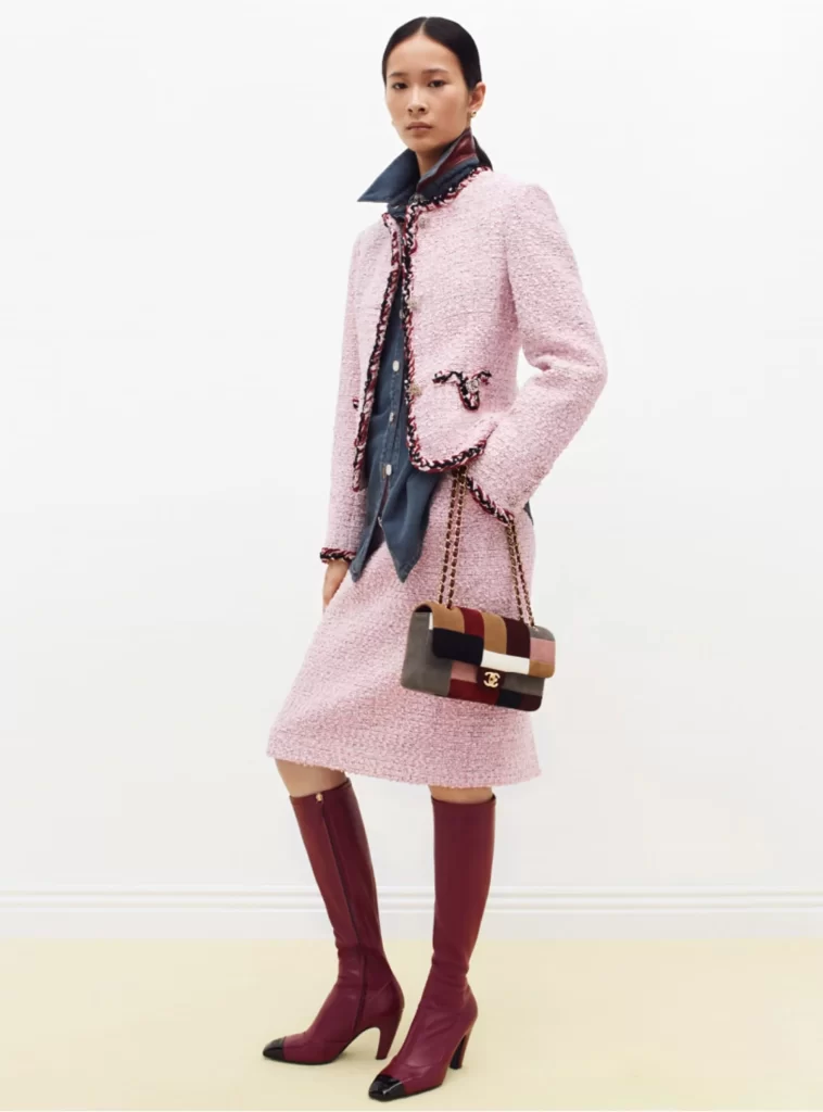 Chanel Fall Winter 2026 Pre Collection Look 1 Tweed Jacket and Skirt Pink and Dark Blue Runway Photography