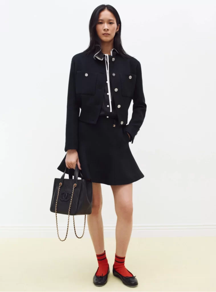 Chanel Fall Winter 2026 Pre Collection Look 15 Tweed Jacket and Skirt Black and White Runway Photography