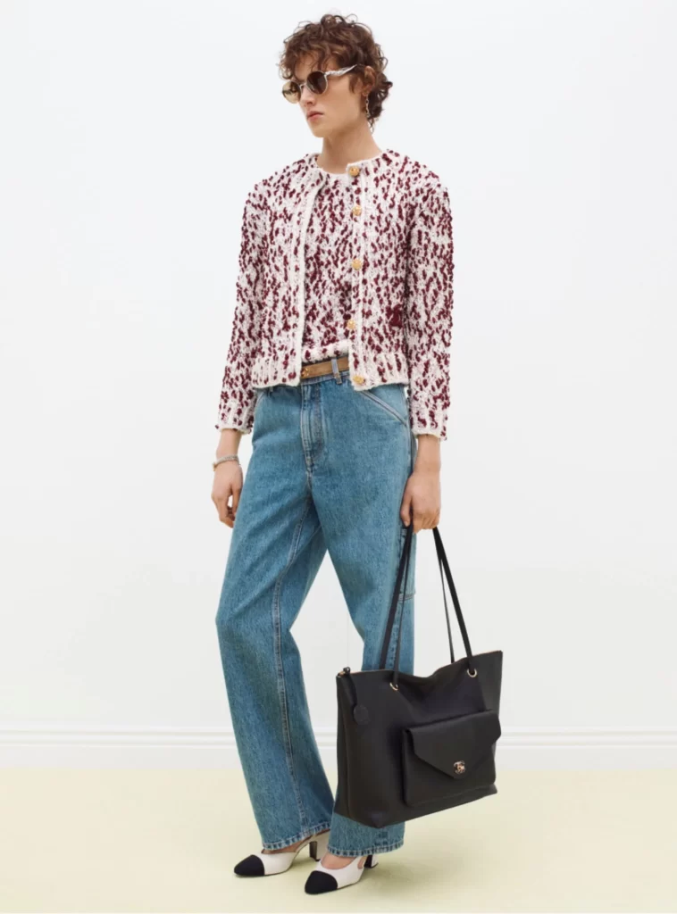 Chanel Fall Winter 2026 Pre Collection Look 13 Tweed Jacket and Trousers White and Maroon Runway Photography