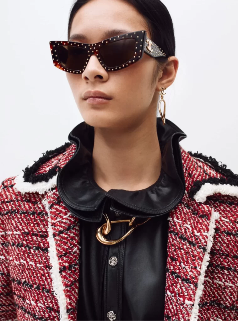 Chanel Fall Winter 2026 Pre Collection Look 26 Tweed Jacket and Trousers Red and White Runway Photography