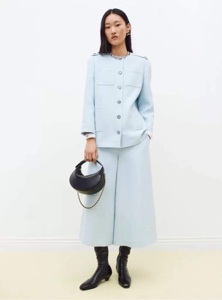 Chanel Fall Winter 2026 Pre Collection Look 36 Tweed Jacket and Trousers Light Blue and Black Runway Photography