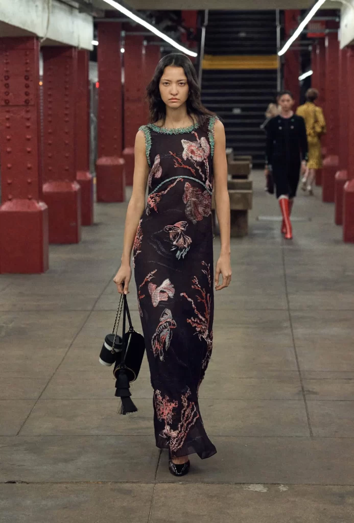 Chanel Metiers d’Art 2026 Look 10 Long Dress Black and Pink Runway Photography