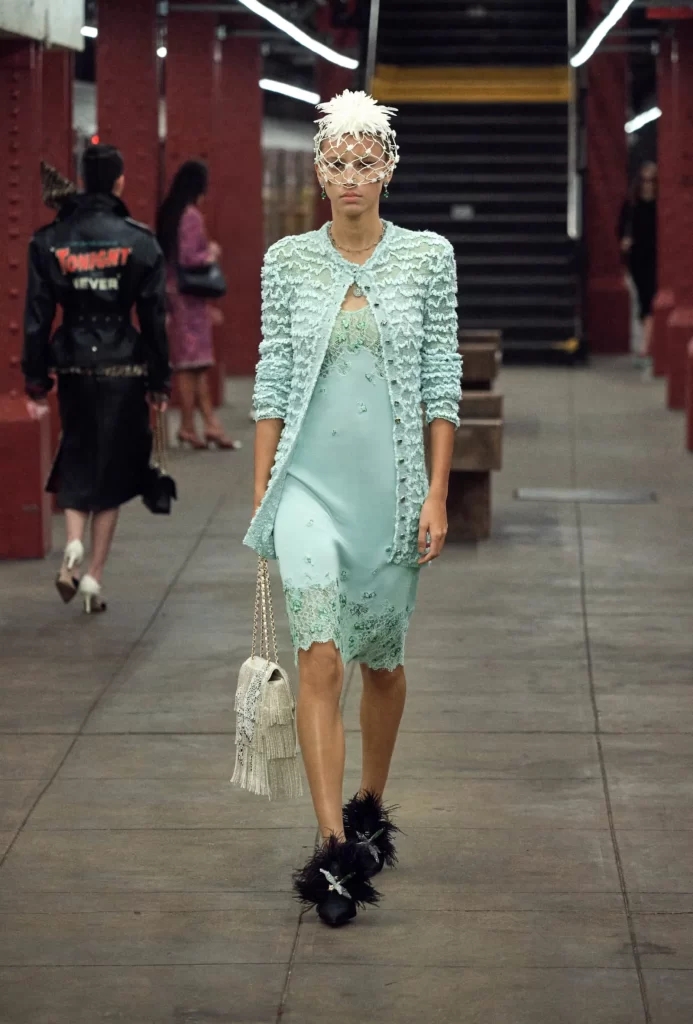 Chanel Metiers d’Art 2026 Look 25 Long Dress Light Blue and White Runway Photography