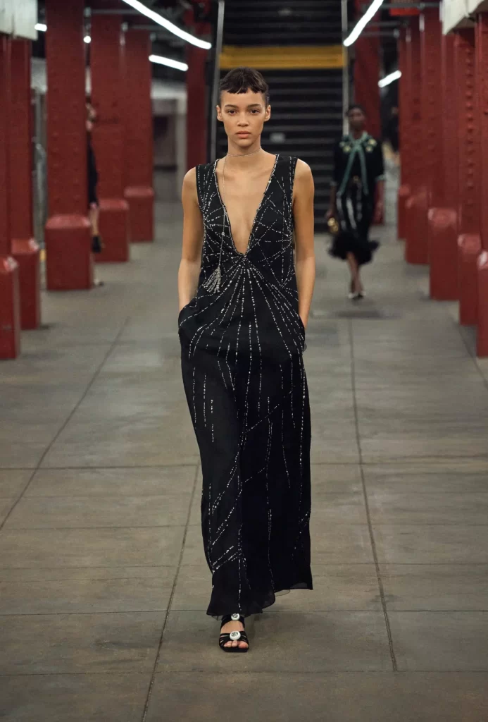 Chanel Metiers d’Art 2026 Look 60 Long Dress Black and Silver Runway Photography