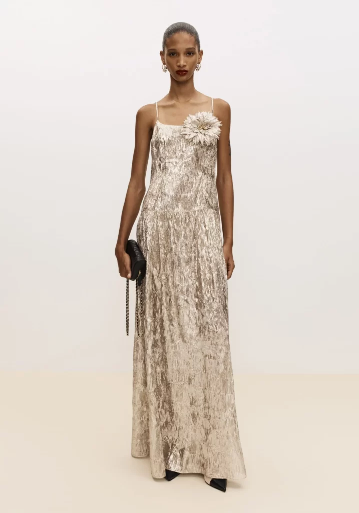 Chanel Spring Summer 2026 Pre Collection Look 76 Long Dress Gold and Silver Runway Photography