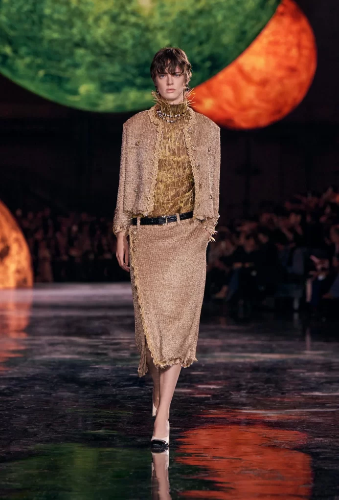 Chanel Spring Summer 2026 Look 36 Tweed Jacket and Skirt Beige and Gold Runway Photography