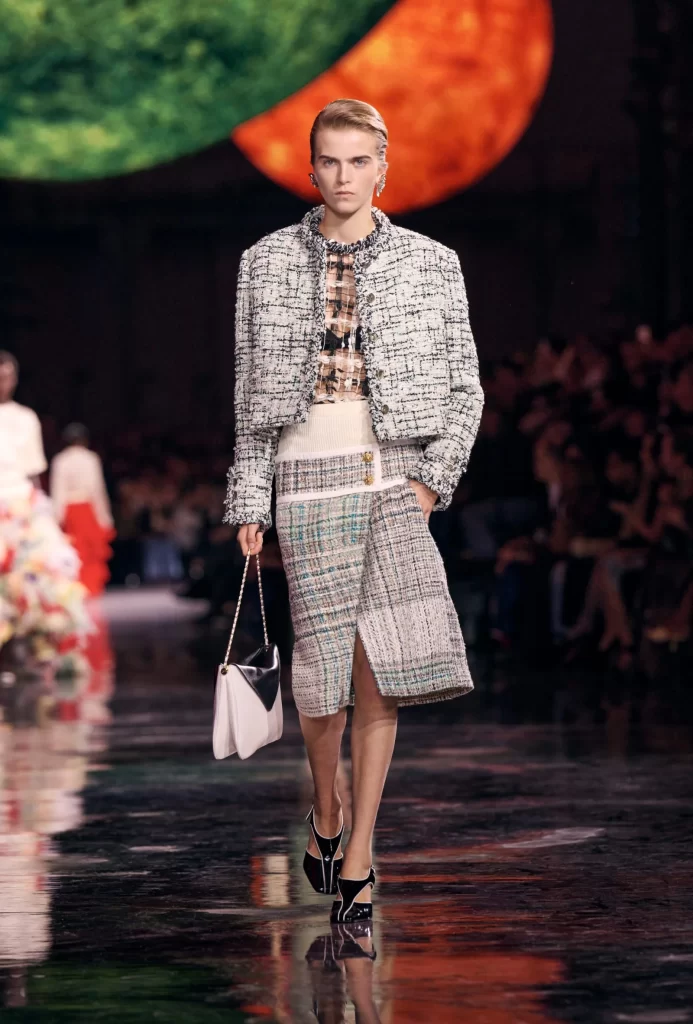Chanel Spring Summer 2026 Look 75 Tweed Jacket and Skirt White and Grey Runway Photography