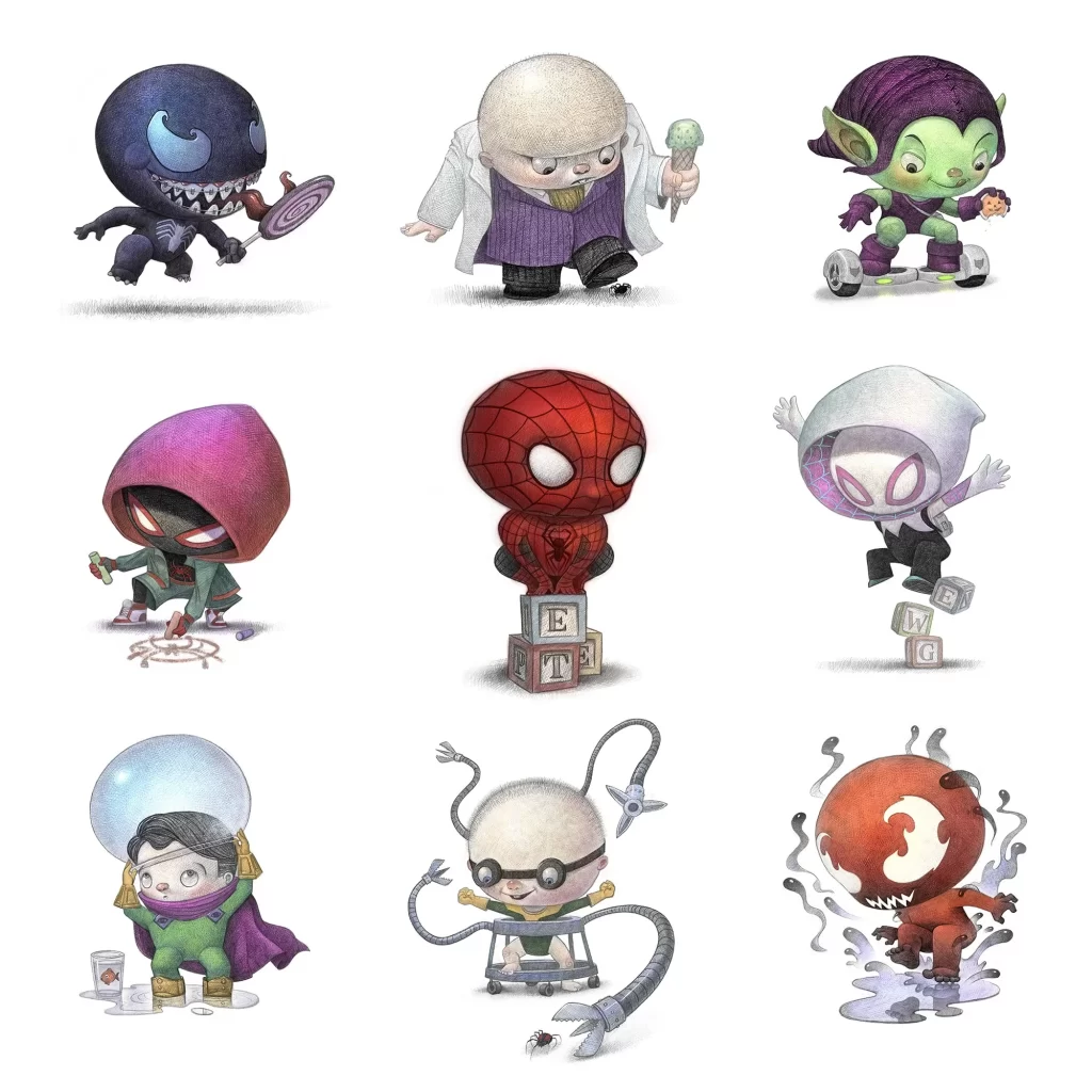 Chibi Spider-Man Villains Playing With Toys Illustration