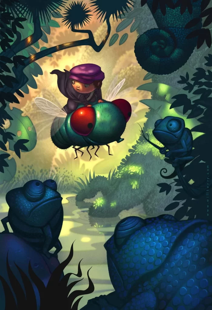 Child Riding Giant Green Fly In Jungle Illustration