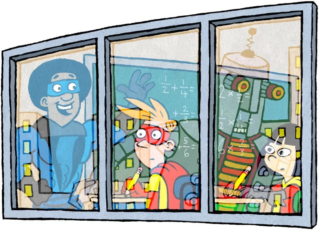 Classroom Cartoon Characters Book Scene Illustration