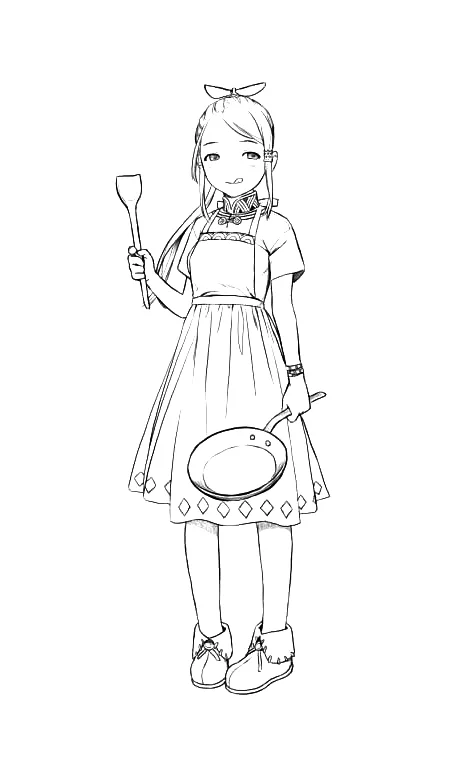 Cartoon Cooking Girl Line Art Drawing Reference