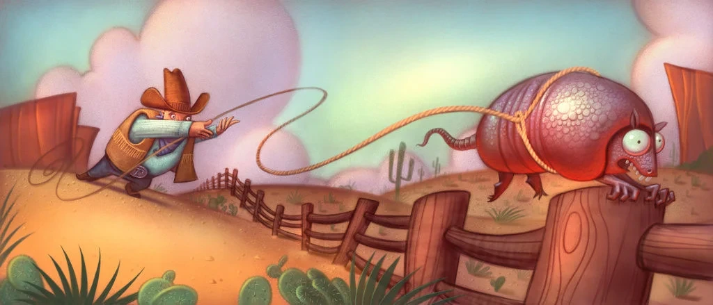 Cowboy Chasing Armadillo With Lasso Desert Illustration