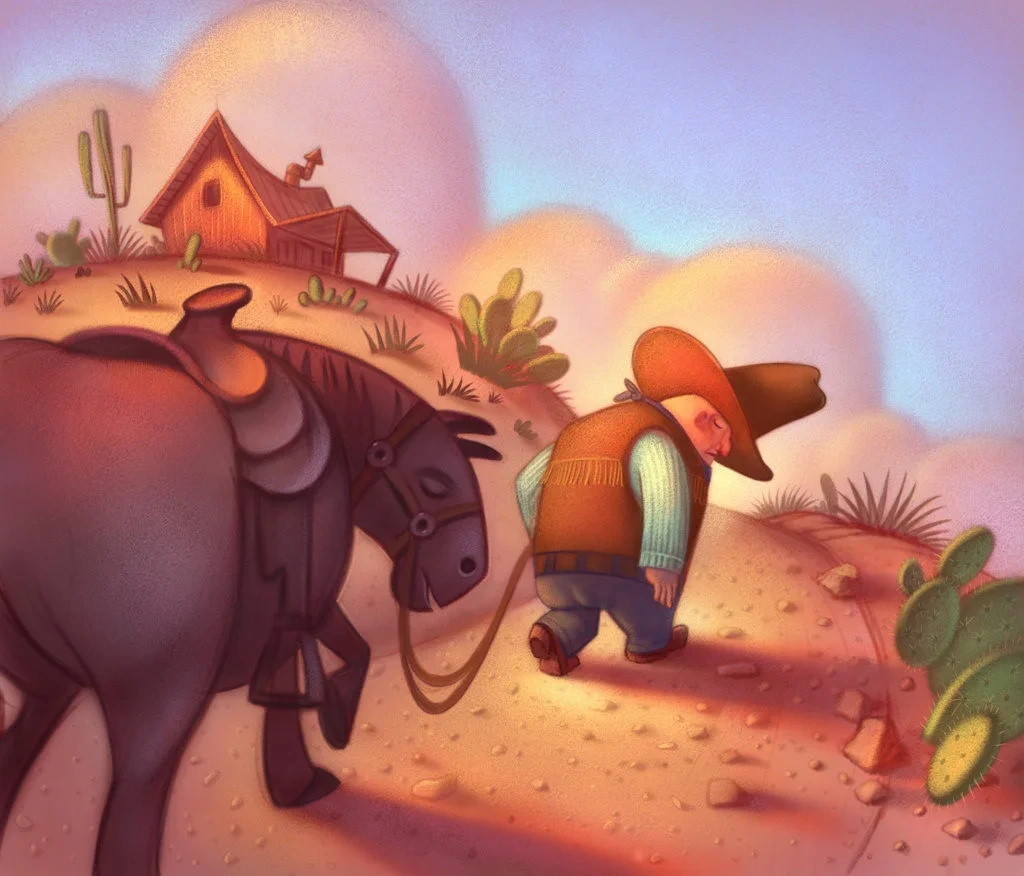 Cowboy Leading Horse in Desert Landscape Illustration