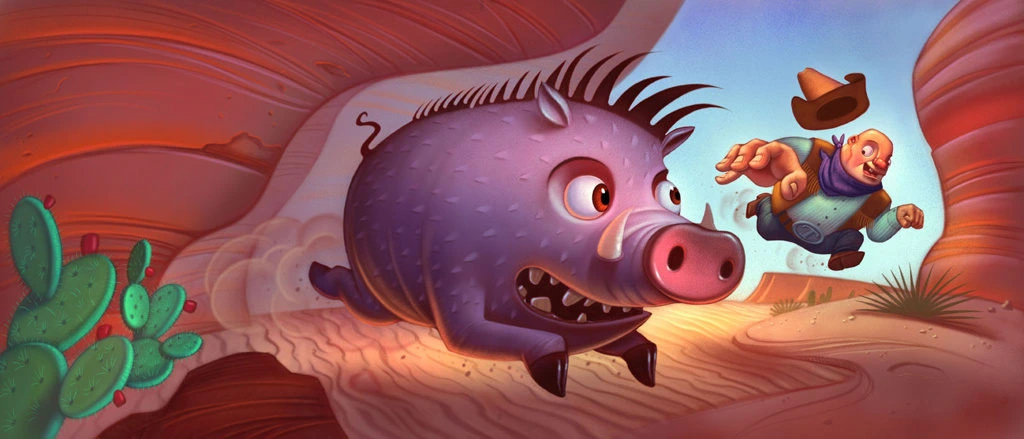 Cowboy Running From Wild Boar In Desert Canyon Illustration