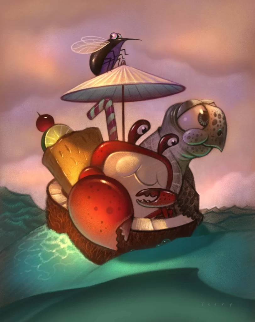Crab And Turtle In Coconut Boat With Umbrella Illustration