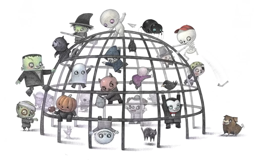 Cute Halloween Monsters Playing on Jungle Gym Illustration