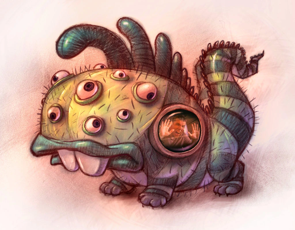 Cute Monster With Multiple Eyes And Trapped Man Illustration