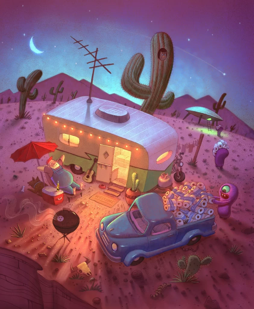 Desert Camping With Aliens And Toilet Paper Truck Illustration