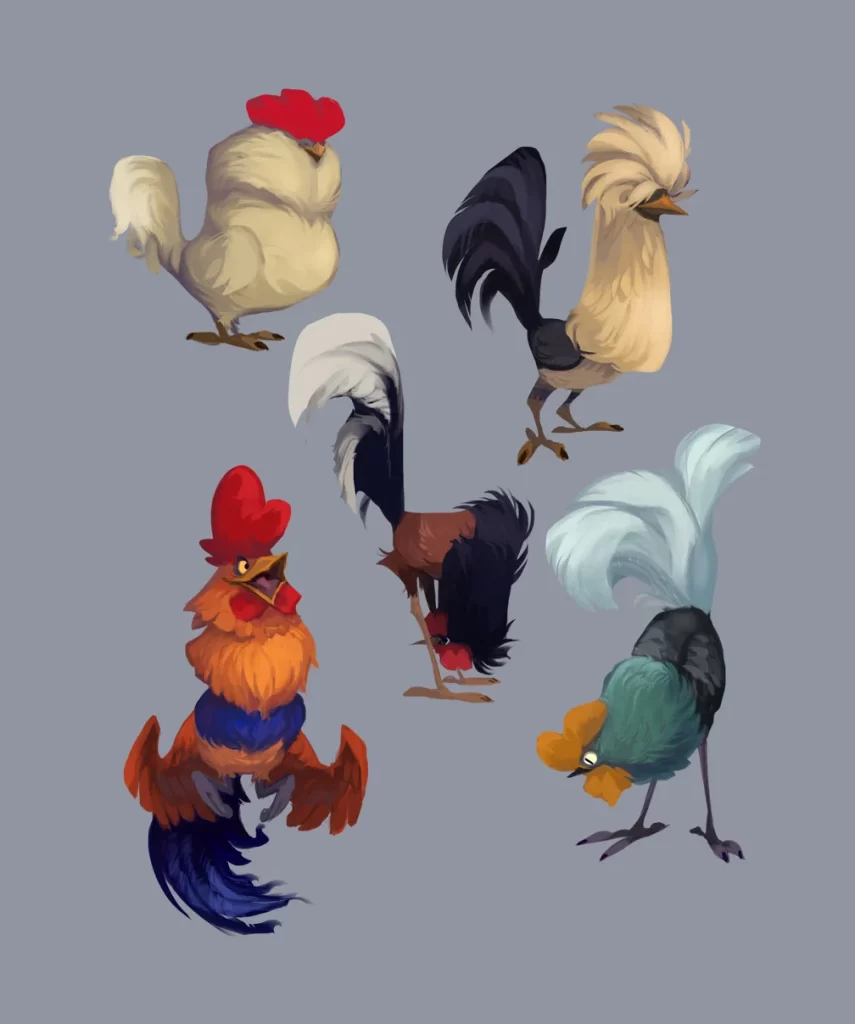 Five Cartoon Roosters Illustration Reference