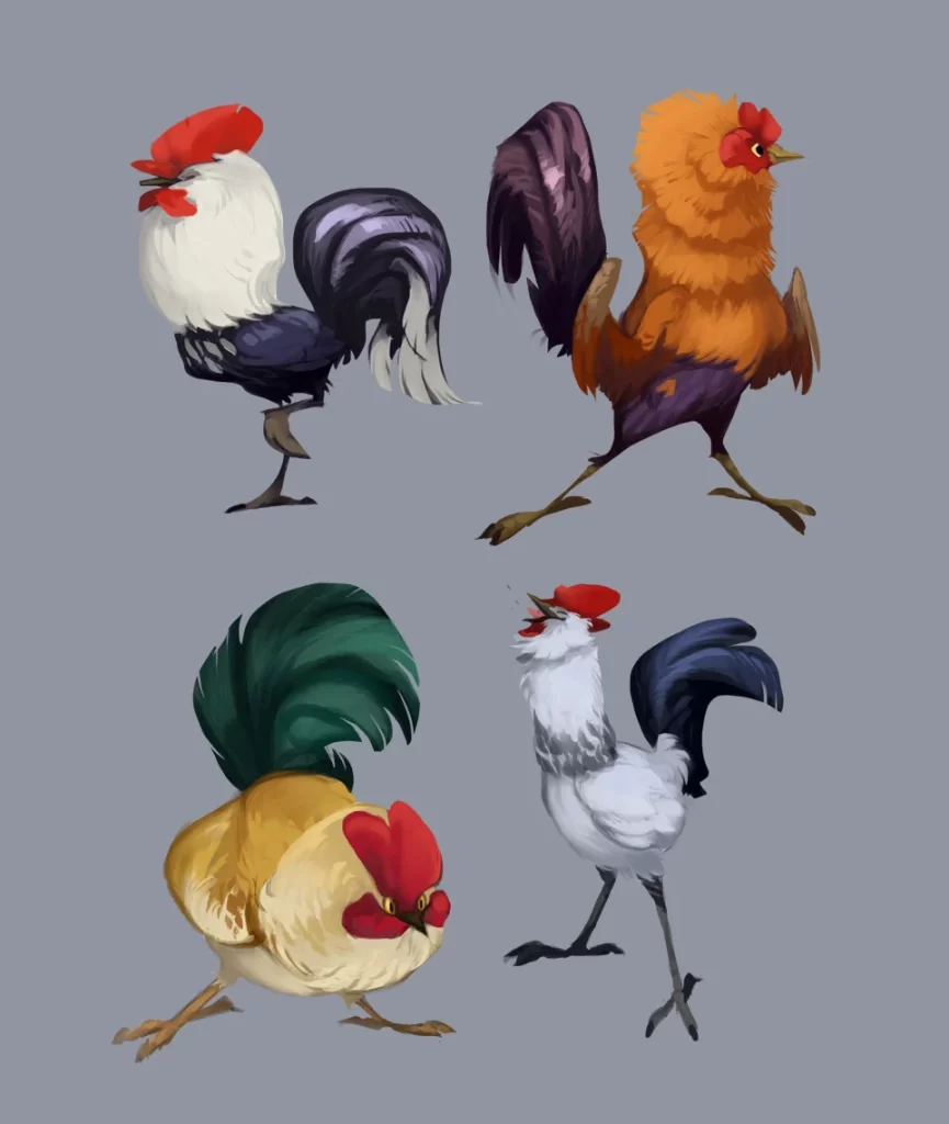 Four Colorful Cartoon Roosters Illustration Reference